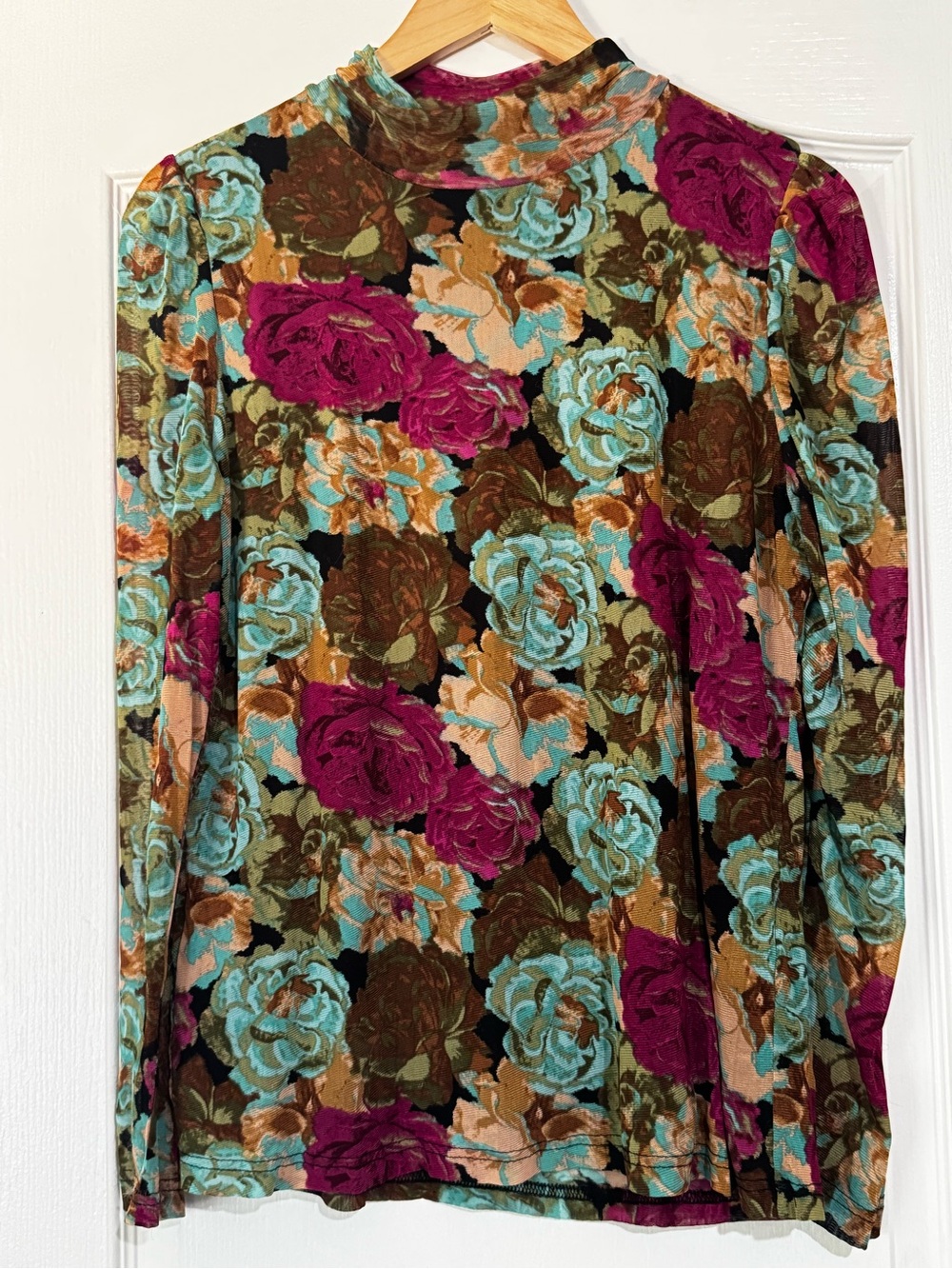 Floral mesh artsy turtle neck witchy dark fall Long-Sleeve Top - Multicolor